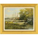 FRANK CORSO (American, 1952-) SAILBOATS AT DOCK. Oil on canvas. Housed in a modern gilt frame with