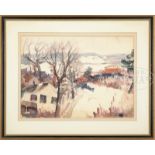 JOHN WHORF (American, 1903-1959) WINTER LANDSCAPE WITH HOUSES AND BARNS. Watercolor on paper. Housed