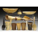 FIFTEEN ANTIQUE CARVED HORN ITEMS. Lot includes: 5 cups ranging in size from 3-1/2" to 4-1/2", 1