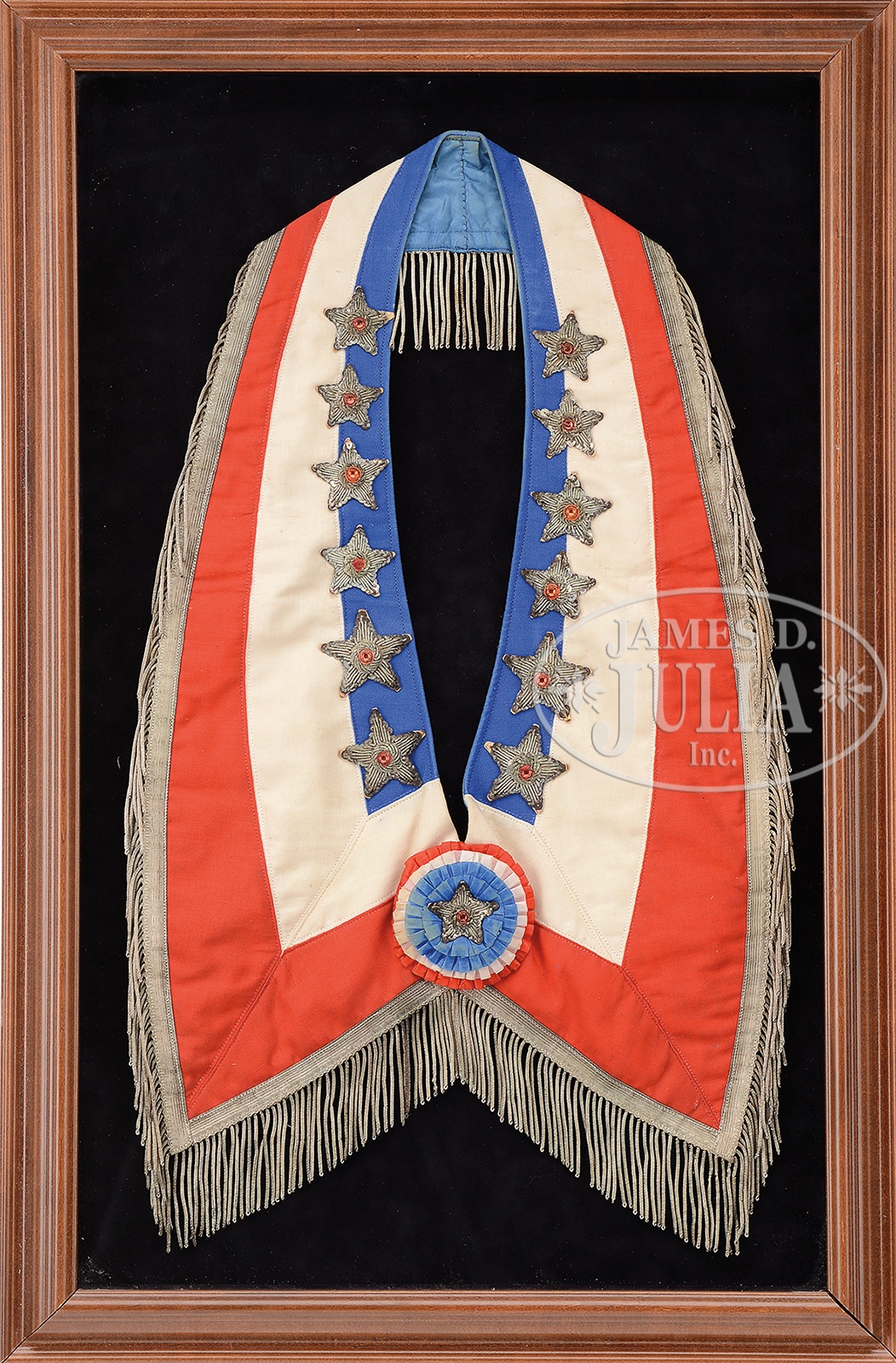 GROUPING OF PATRIOTIC STARS AND STRIPES CLOTHING AND REGALIA. 1) Fine dress finely framed made