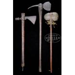 TWO INDIAN AXES AND PIPE-TOMAHAWK. This grouping consists of 1) a forged pipe-tomahawk, 18-1/2"