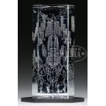 STEUBEN SPIRE DEPICTING NEW YORK. The spire in triangular form with cut corners. An etched scene