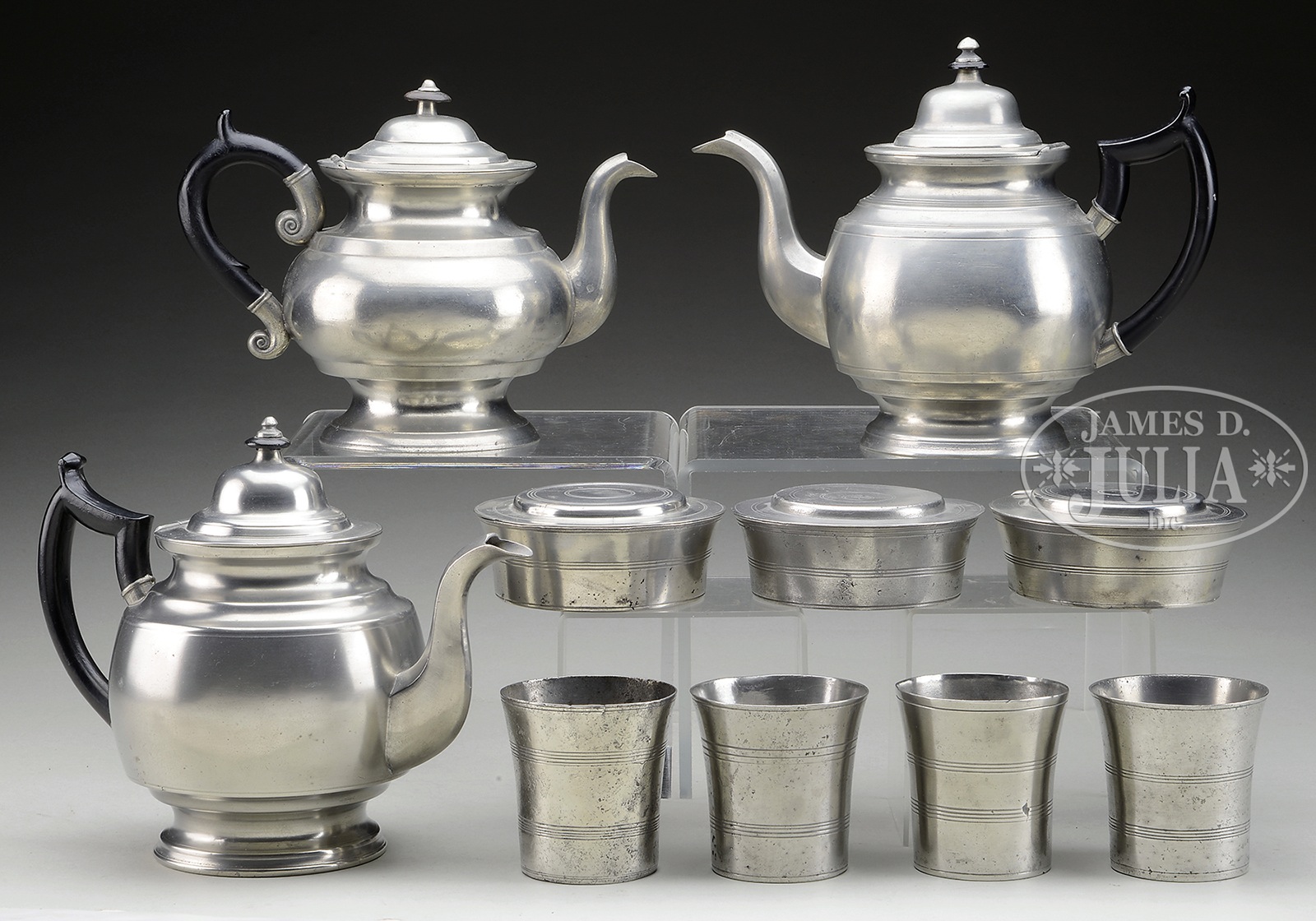 TEN PEWTER ITEMS BY ASHBIL GRISWOLD, MERIDEN, CT. Lot includes: 1-2) 7-1/4" h. teapot with domed