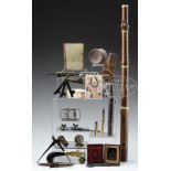 GROUP OF TWENTY SEVEN INTERESTING COLLECTIBLE ITEMS. 1) 6" pistol grip and brass powder tester,