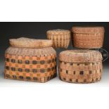 NICE GROUPING OF FOUR DECORATED PENOBSCOT INDIAN COVERED BASKETS. 1) Interesting form with oval