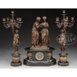 OUTSTANDING 3-PIECE BRONZE AND SLATE CLOCK SET. Late 19th, early 20th century set includes a large