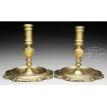 FINE PAIR OF EUROPEAN BRASS CANDLESTICKS. Probably Spanish, 17th/18th century. Wide shaped base