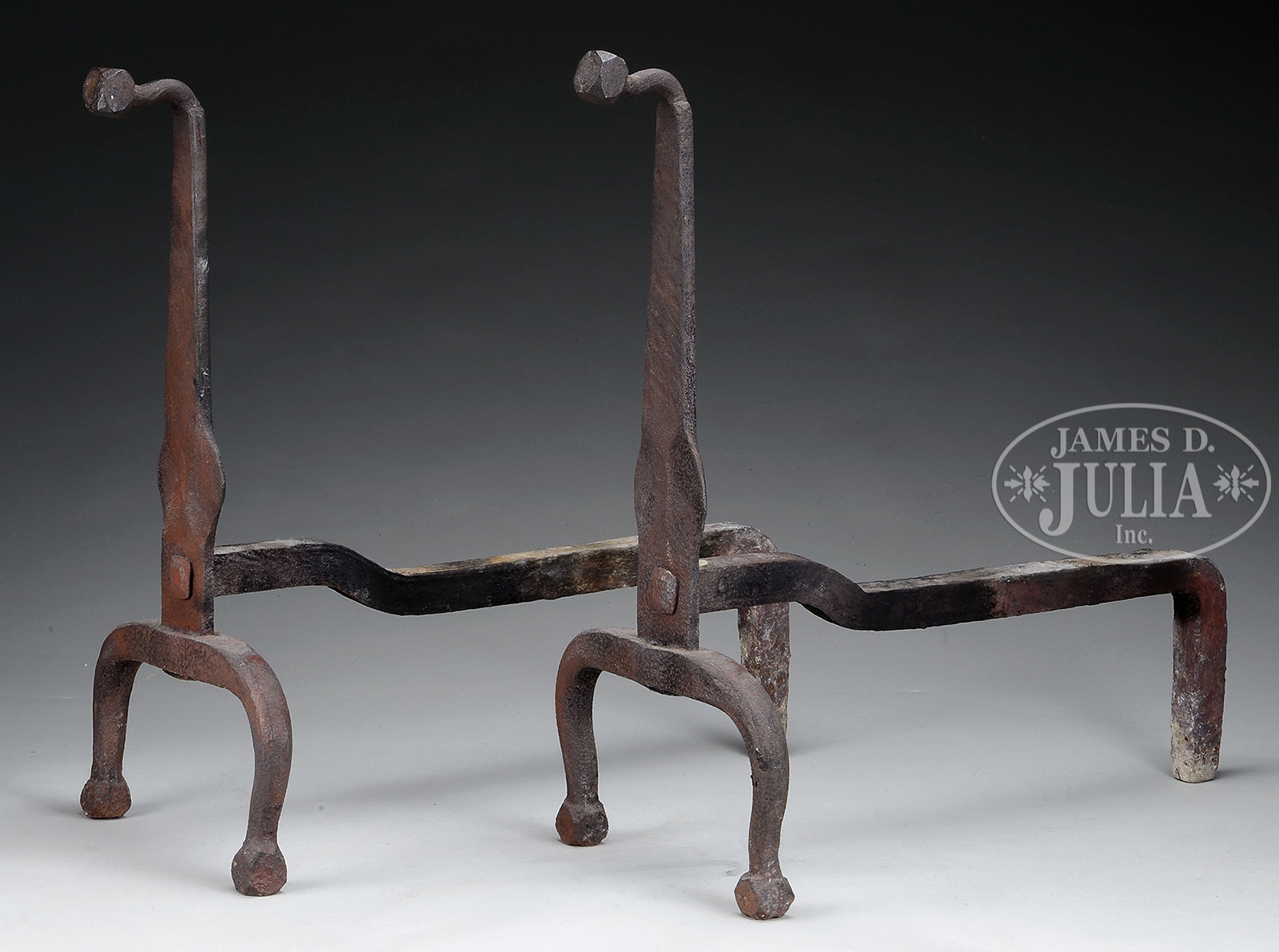 PAIR OF FACETED BALL TOP GOOSENECK IRON ANDIRONS. Interesting block feet on arch legs, 18th/19th