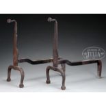 PAIR OF FACETED BALL TOP GOOSENECK IRON ANDIRONS. Interesting block feet on arch legs, 18th/19th