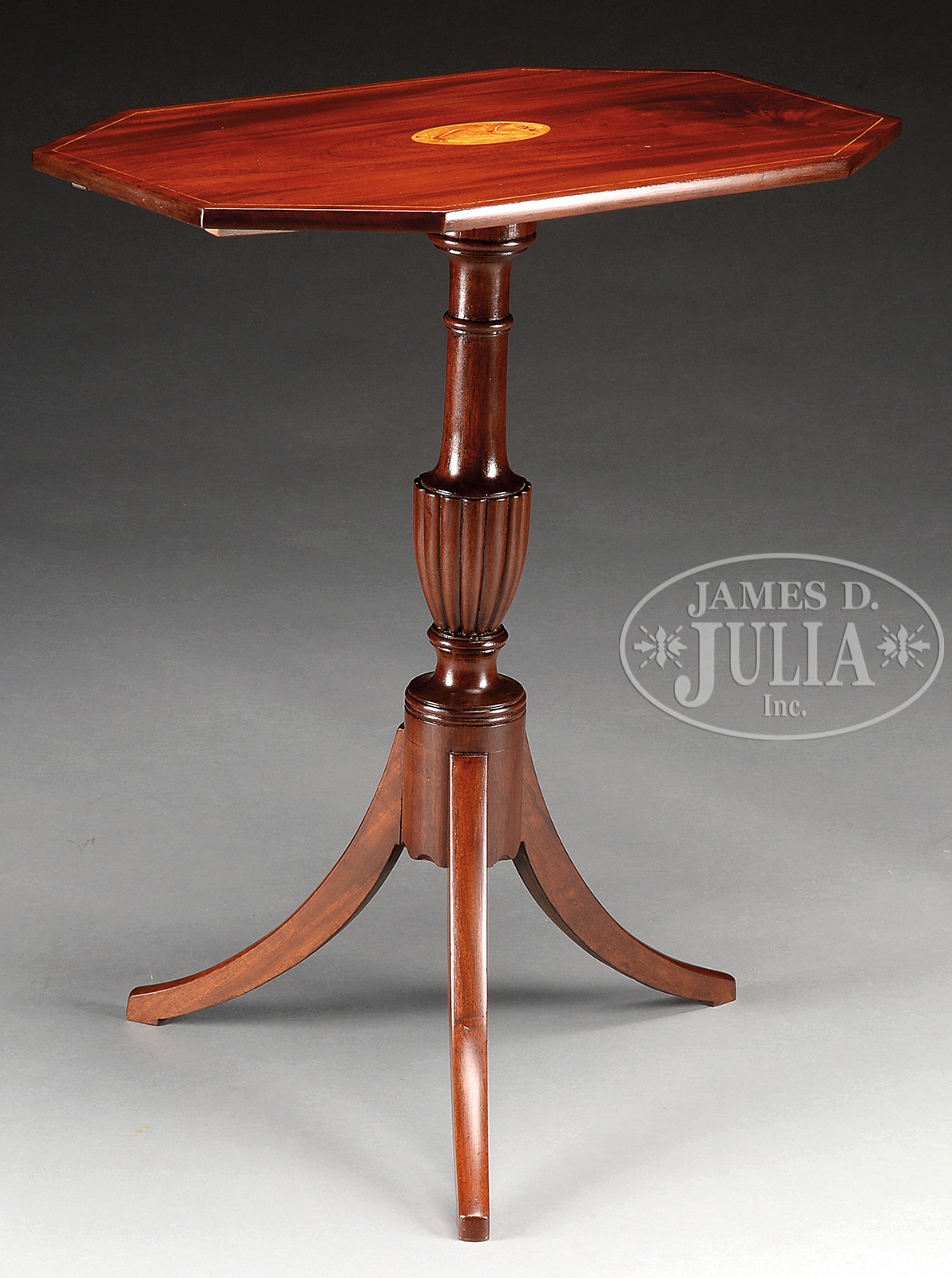 FINE FEDERAL INLAID MAHOGANY CANDLESTAND. 1790-1810, New York. Rectangular top with canted corners