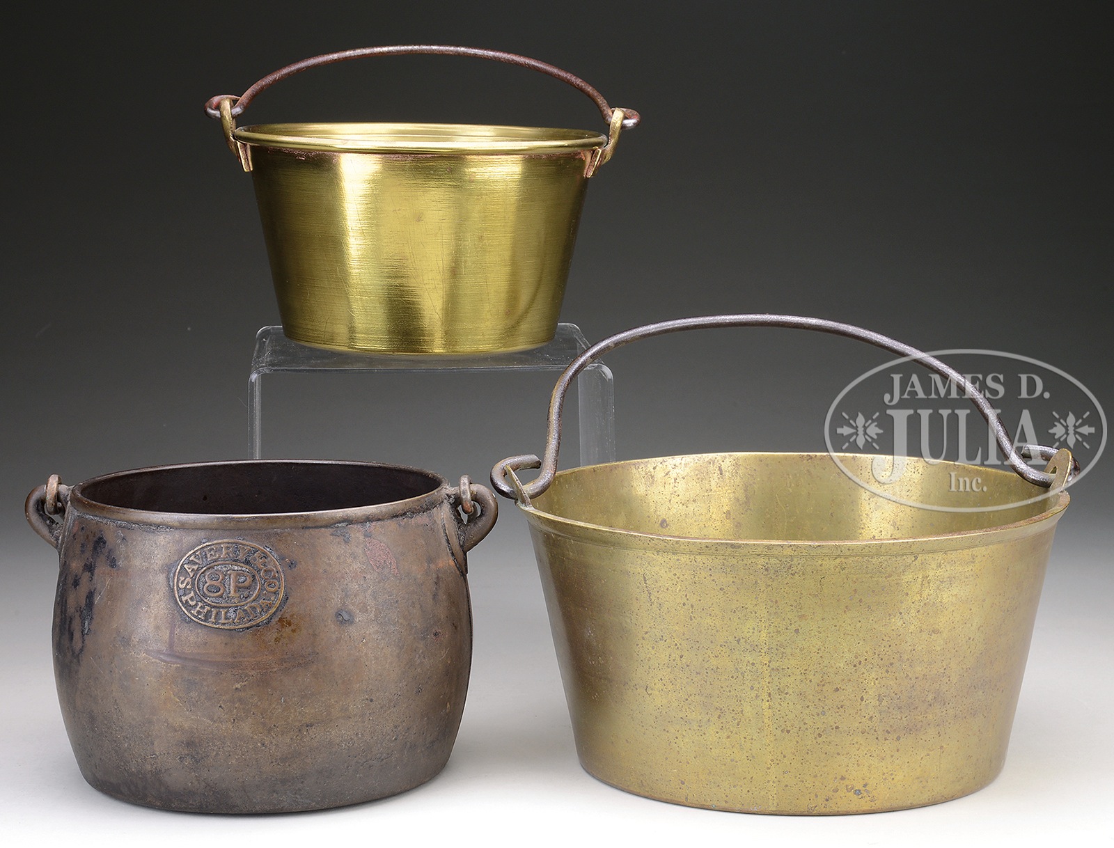 THREE ANTIQUE BAIL HANDLED POTS. 1) Rare 6-1/4" h x 8" dia. bronze swing handled pot signed "