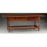 LARGE NEW ENGLAND PINE TAVERN TABLE. Early 19th Century. Rectangular 3 plank top with breadboard