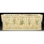 CARVED AND PAINTED FYTCH & SONS NURSERYMEN ANTIQUE TRADE SIGN. Wonderfully carved sign has scroll