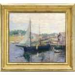 LESTER A. GILLETTE (American, 1855-1940) GLOUCESTER HARBOR. Oil on board. Housed in a giltwood frame