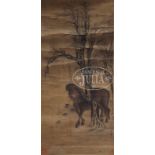 AFTER ZHAO MENGFU, IMPERIAL HORSE SCROLL. Ink and color on paper. SIZE: 41" x 19-1/2". CONDITION: