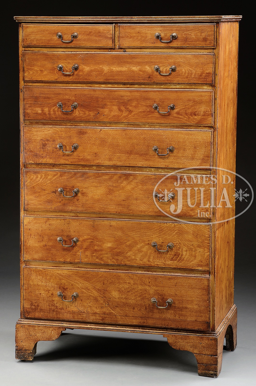 CHIPPENDALE PAINTED TALL CHEST. New England, circa 1765. This bold example exhibits more features