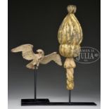 TWO ARCHITECTURAL ELEMENTS: IRON EAGLE AND GILTWOOD FINIAL. 1) 7" h x 15" w, metal painted 3