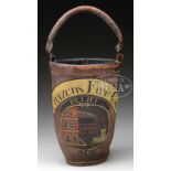 RARE AND IMPORTANT "CITIZENS FIRE CO." SCENIC DECORATED FIRE BUCKET. New England first quarter