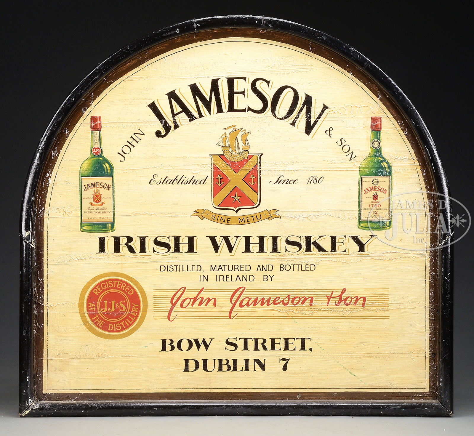 PAINTED WOOD JOHN JAMESON & SON IRISH WHISKEY SIGN. Dome type sign with flat bottom features 2 green