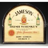 PAINTED WOOD JOHN JAMESON & SON IRISH WHISKEY SIGN. Dome type sign with flat bottom features 2 green