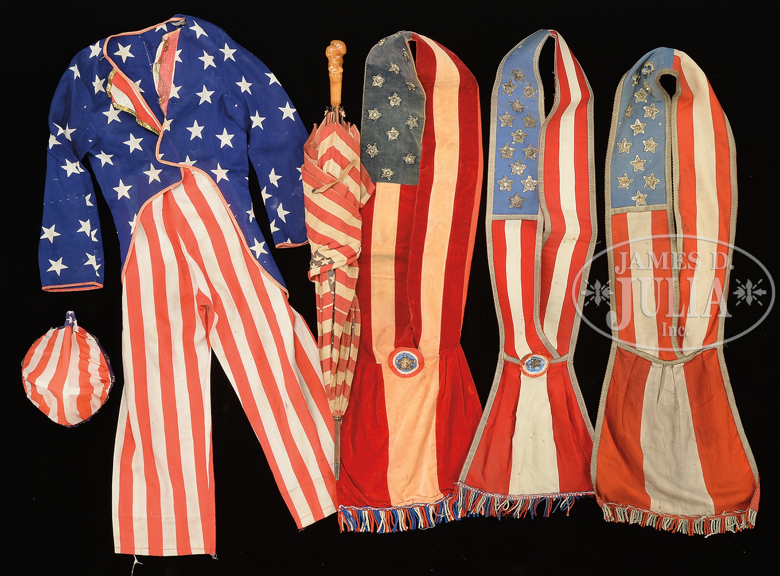 GROUPING OF PATRIOTIC STARS AND STRIPES CLOTHING AND REGALIA. 1) Fine dress finely framed made - Image 2 of 3