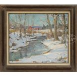 CARL PETERS (American, 1897 - 1980) WINTER LANDSCAPE WITH STREAM. Oil on canvas. Housed in a natural