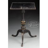 CHIPPENDALE TRAY TOP CANDLESTAND IN BLACK FINISH. Last quarter 18th Century, New England. The square