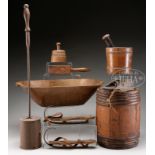 GROUPING OF COUNTRY WOOD WARE AND ACCESSORIES. Lot includes: 13" h wood staved powder keg marked "