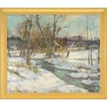 CARL WILLIAM PETERS (American, 1897-1980) STREAM RAMBLING THROUGH WINTER LANDSCAPE. Oil on canvas.