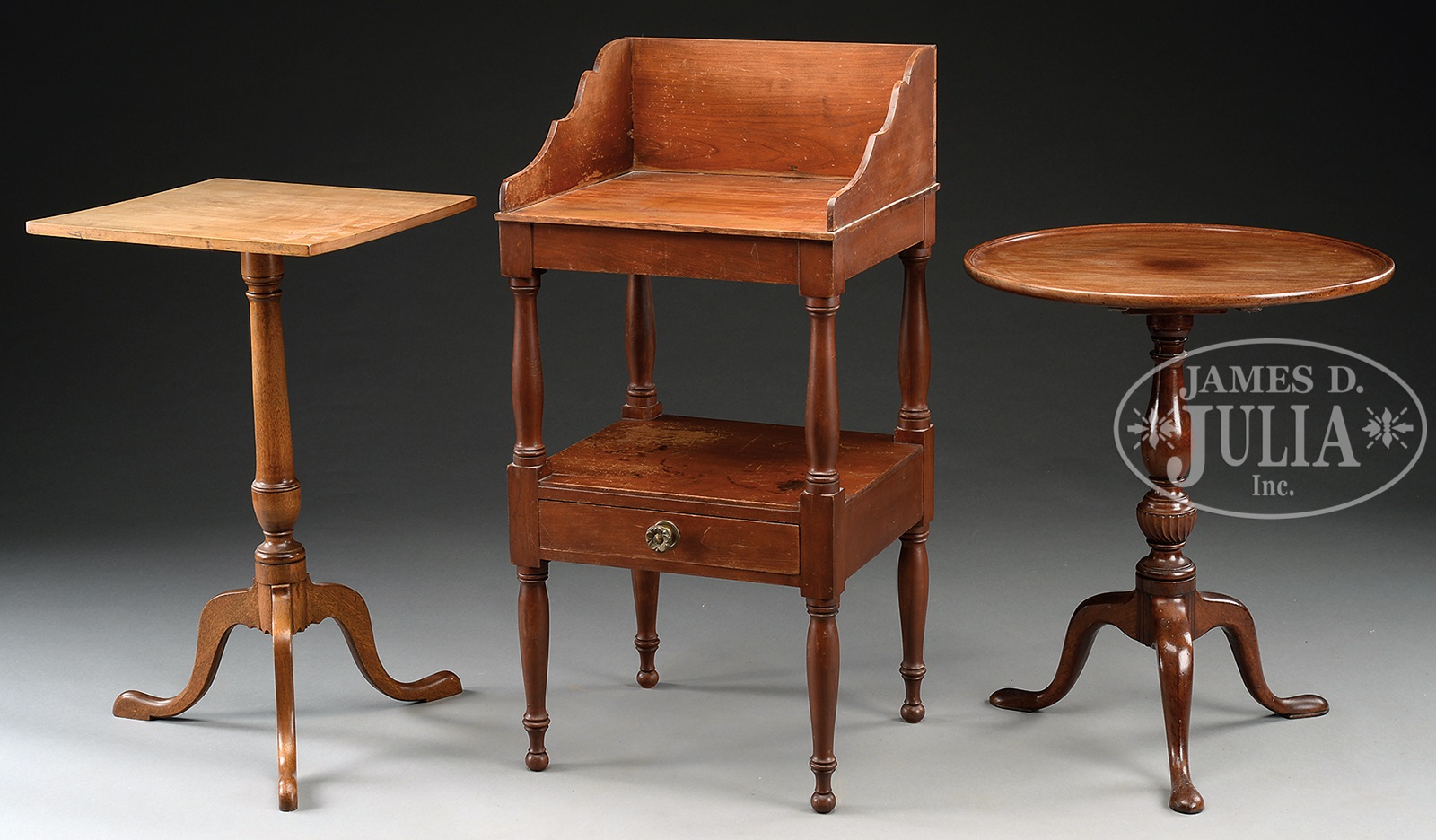 TWO QUEEN ANNE CANDLESTANDS AND SHERATON CHERRY WOOD WASHSTAND. Late 18th/early 19th century, New