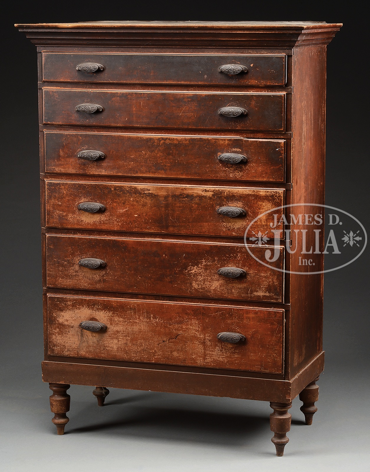 SHERATON SIX-DRAWER TALL CHEST. Circa 1860, State of Maine. The rectangular dovetailed birch case