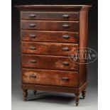 SHERATON SIX-DRAWER TALL CHEST. Circa 1860, State of Maine. The rectangular dovetailed birch case