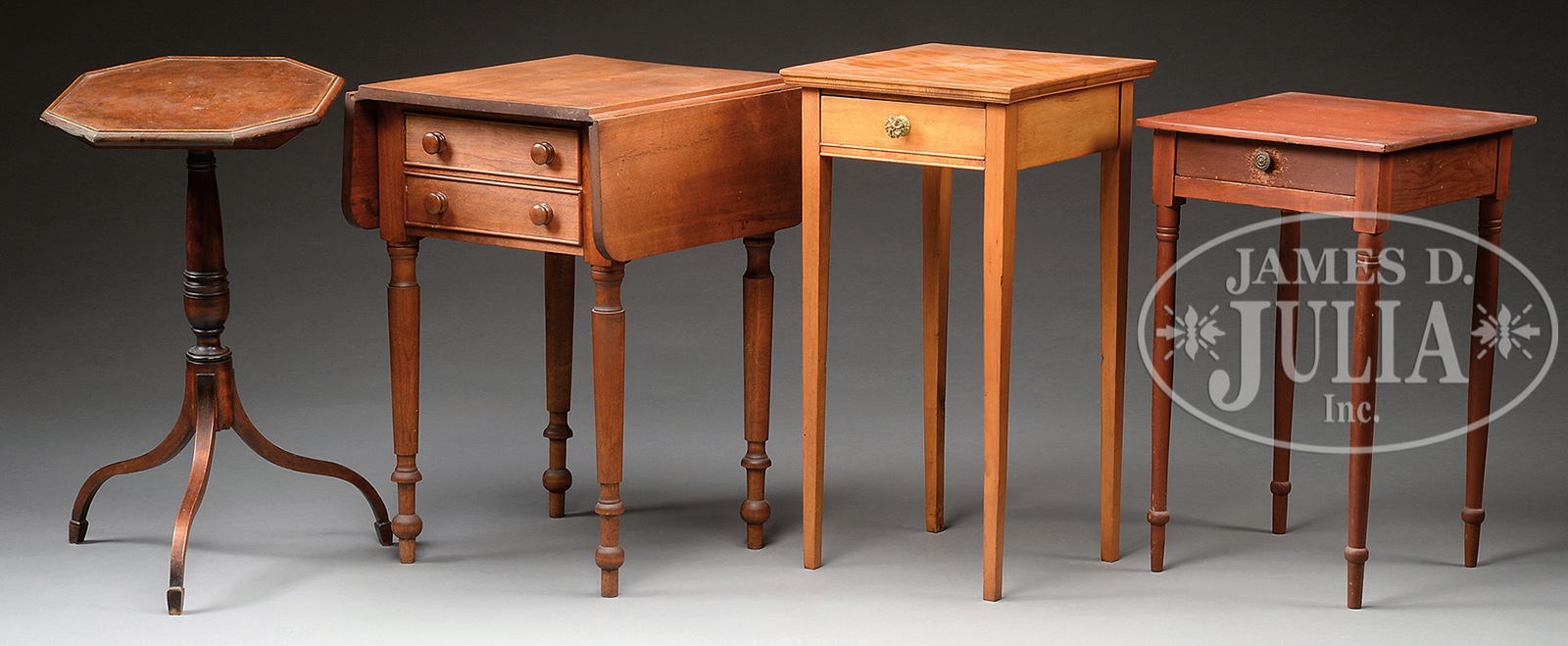 GROUP OF THREE WORK TABLES AND TILT TOP CANDLESTAND. Mid 19th to mid 20th century. New England.