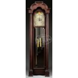 NEOCLASSICAL MAHOGANY MUSICAL TALL CASE CLOCK. The brass 8 day weight driven movement with drum