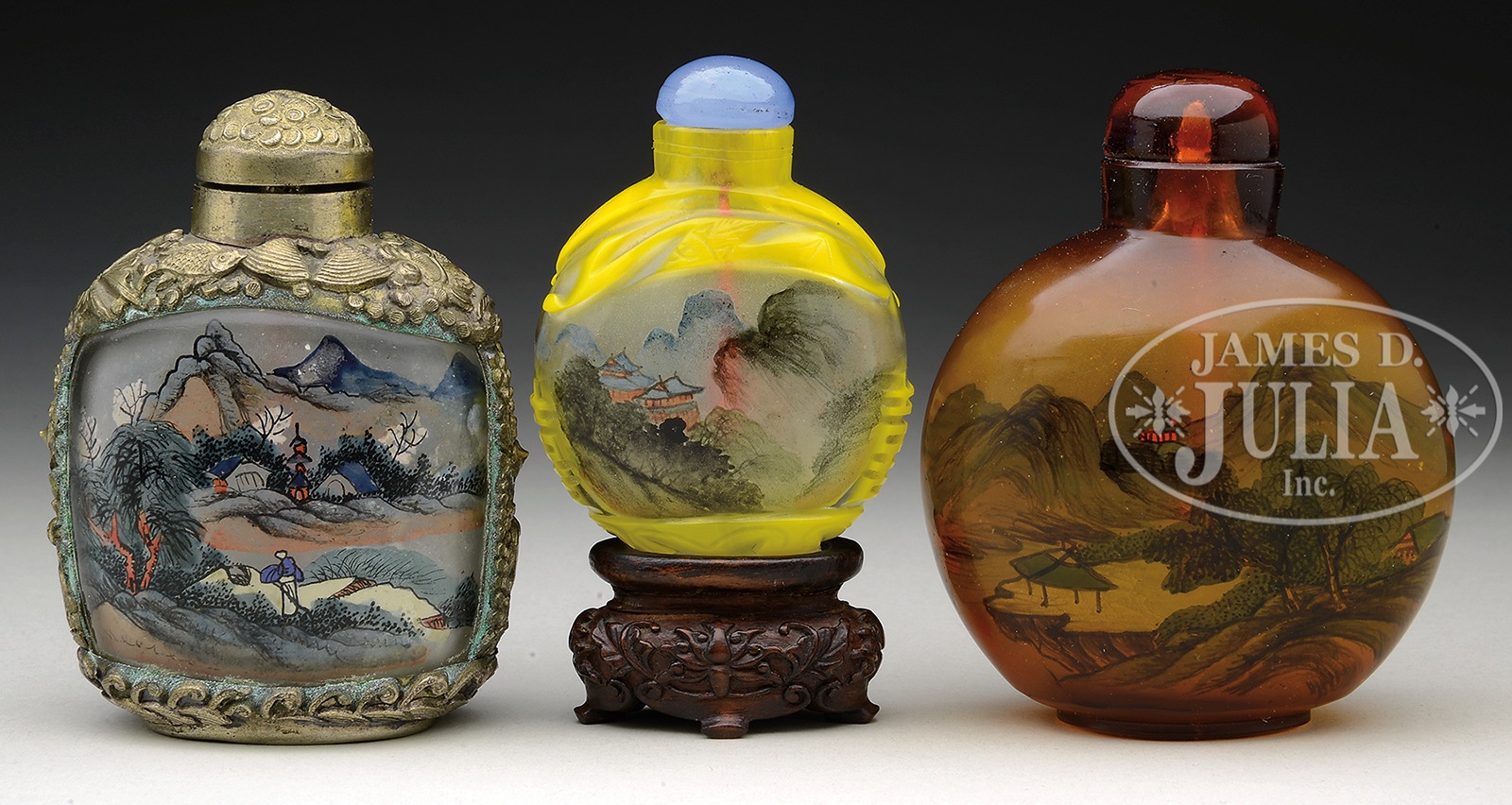 THREE INSIDE PAINTED SNUFF BOTTLES. China, 20th century. The lot consisting of three glass bottles