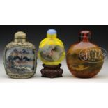 THREE INSIDE PAINTED SNUFF BOTTLES. China, 20th century. The lot consisting of three glass bottles