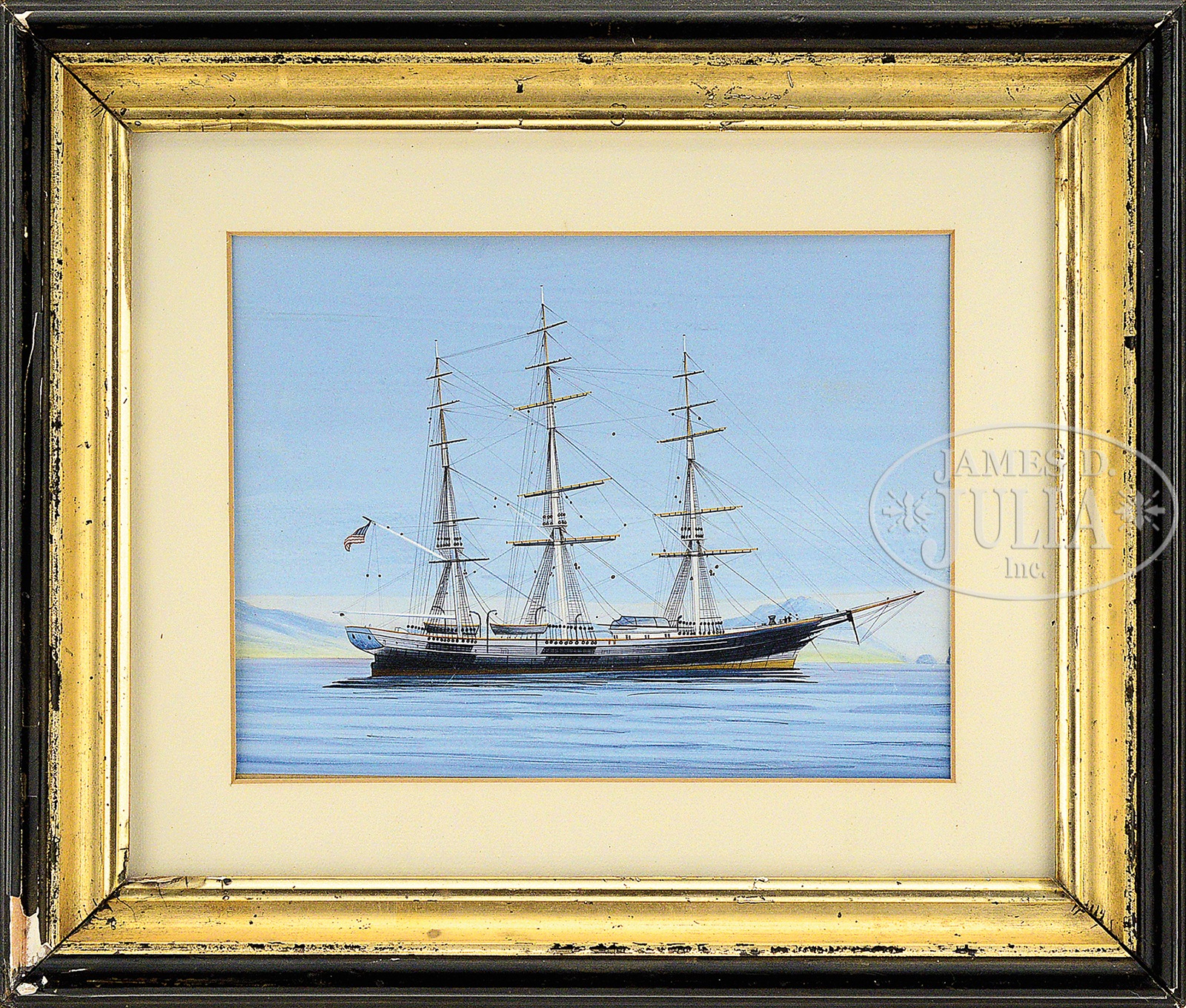 AMERICAN SCHOOL (19th/20th Century) PORTRAIT OF A THREE MASTED SHIP. Unsigned gouache on paper