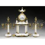 THREE PIECE ORMOLU AND WHITE MARBLE FRENCH CLOCK SET BY SAMUEL MARTI. Brass works signed "Samuel