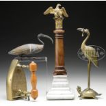 TWO METAL BIRDS, BRASS IRON, AND EAGLE GARNITURE. 1) 4-1/2" h x 8" l, metal decorated Egyptian ibis.