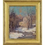 GEORGE GARDNER SYMONS (American, 1863-1930) THE STONE MILL IN WINTER. Oil on board. Housed in a