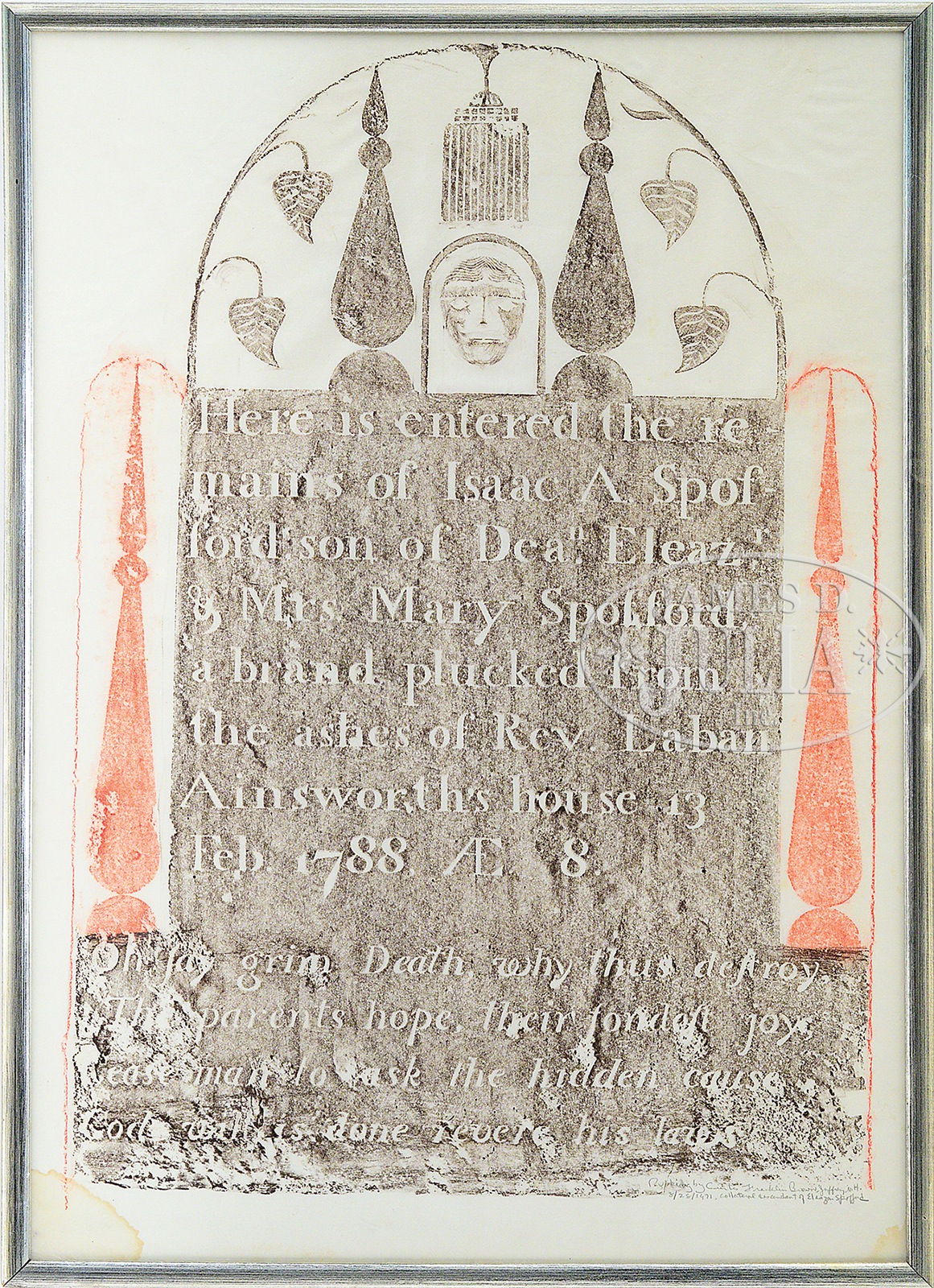 TWO DECORATIVE RUBBINGS. Each depicting the rubbing of a decorative New England grave marker - Image 2 of 2