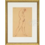 MARGUERITE ZORACH (American, 1887-1968) STANDING NUDE FIGURE. Charcoal and sanguine on paper. Housed