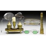 MISCELLANEOUS LOT INCLUDING BRASS INK STAND, EYEGLASSES CASE WITH TWO PAIR OF EYE GLASSES, BRASS