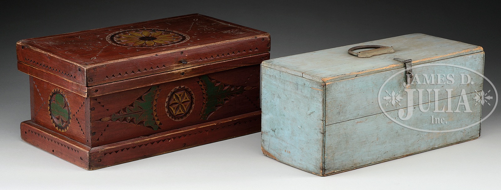 TWO PAINT DECORATED FISHING BOXES. 1) Tool box style with hinged lid having a cut and painted