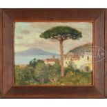 GRANT WOOD (American, 1891-1942) "SORRENTO, 1924". Oil on board. Housed in what appears to be its