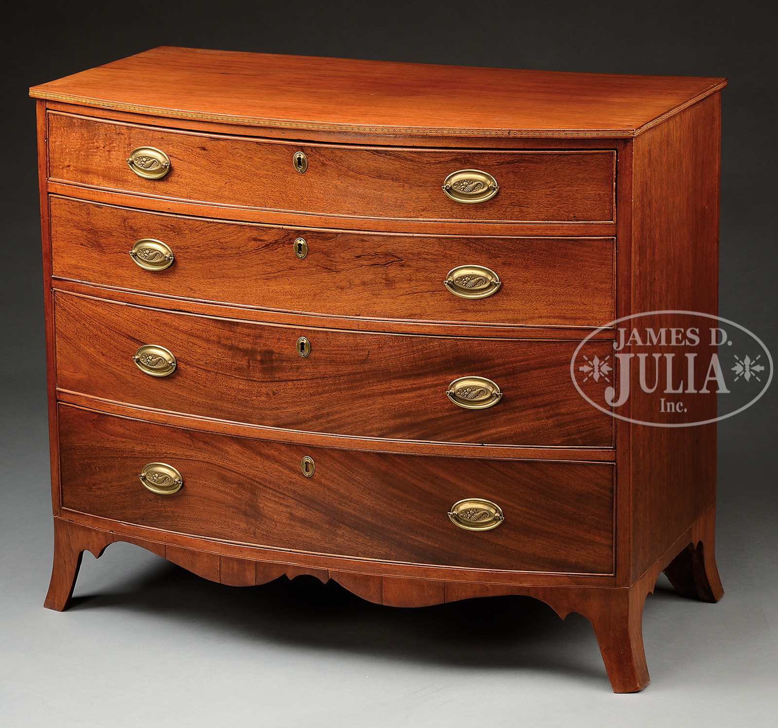 FEDERAL INLAID MAHOGANY BOWFRONT CHEST OF DRAWERS. Circa 1810, New England. Rectangular top with