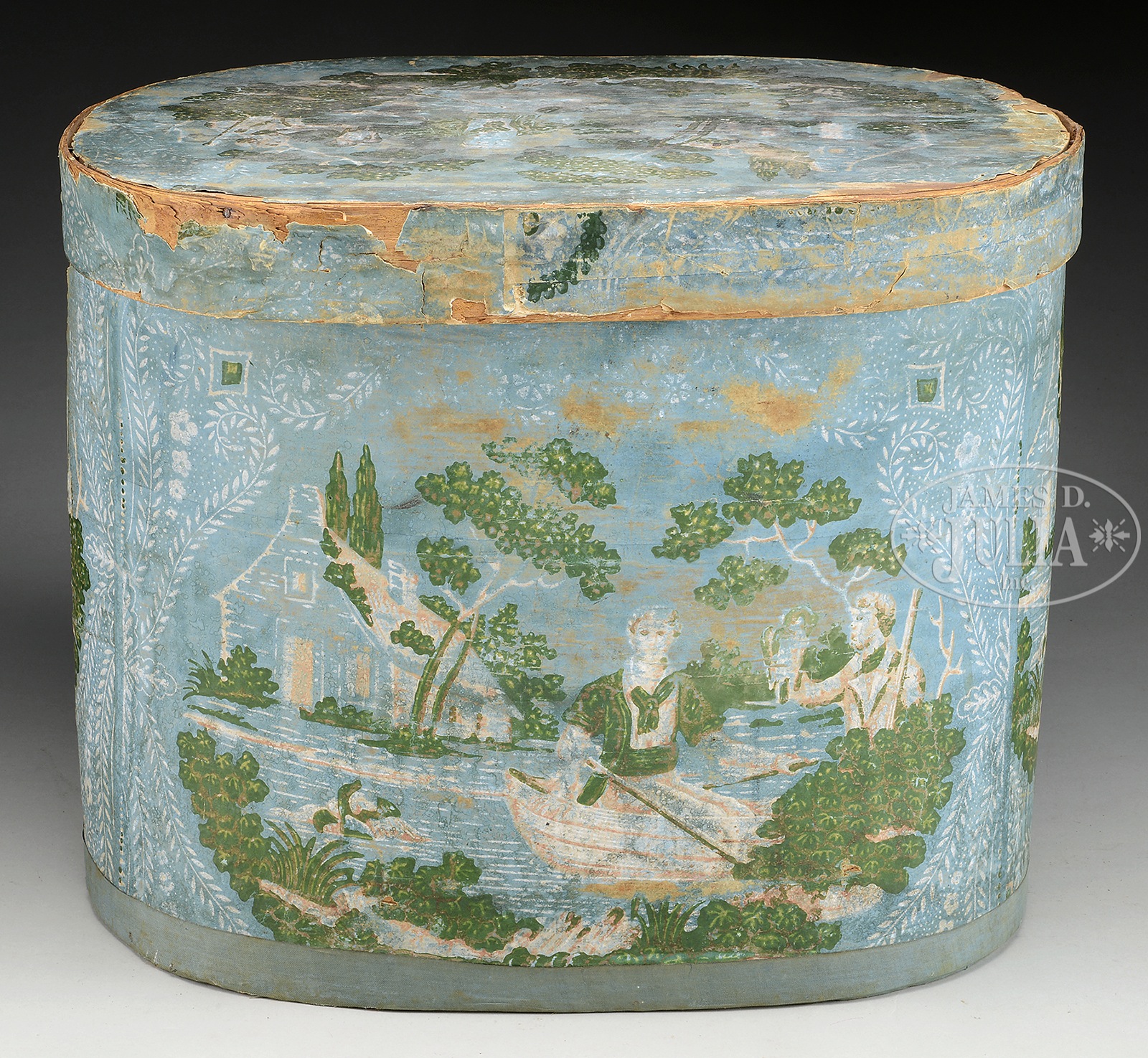 LARGE DECORATED BAND BOX BY HANNAH DAVIS, JAFFREY, NEW HAMPSHIRE. Oval box has newspaper interior of