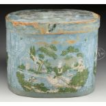 LARGE DECORATED BAND BOX BY HANNAH DAVIS, JAFFREY, NEW HAMPSHIRE. Oval box has newspaper interior of