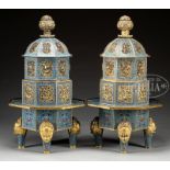 PAIR OF MONUMENTAL GILT CLOISONNE FOUR PART CENSERS. 20th century, China. Bottom section supported