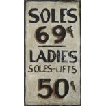 PAINTED METAL SHOE SIGN. First quarter of the 20th Century. Metal overlay wood sign having silver